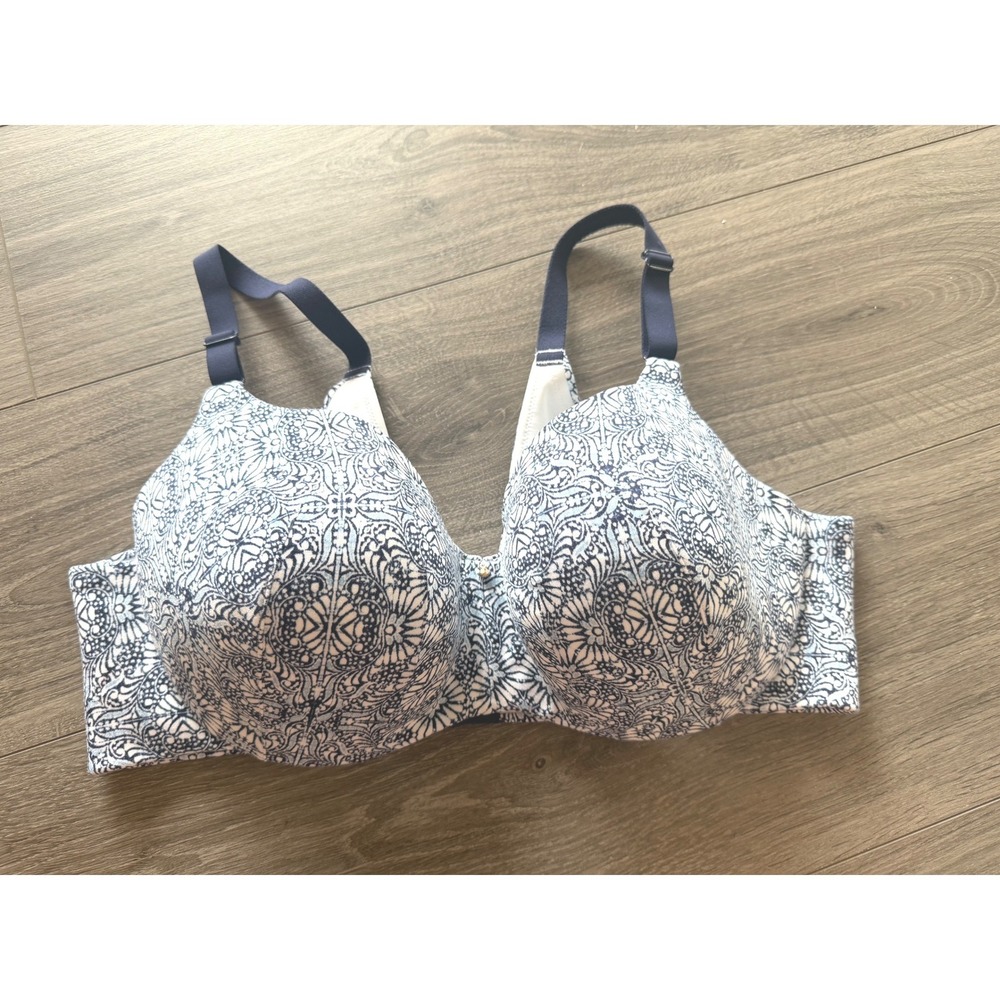 Cacique Balconette Bra 40DD Blue White Paisley Floral Lace Print Underwire